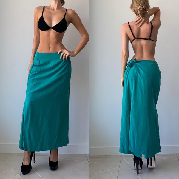 1990's Silk Teal Maxi Wrap Skirt
